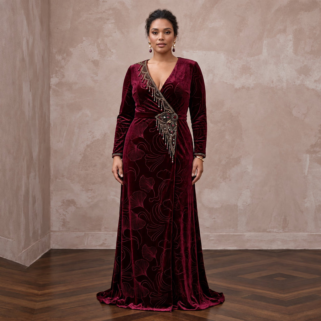 Plus Size Burgundy Velvet Wrap Maxi Dress for Winter Formal Event - Apparel & Accessories > Clothing > Wedding & Bridal Party Dresses > Wedding Dresses - Mignonette Bridal