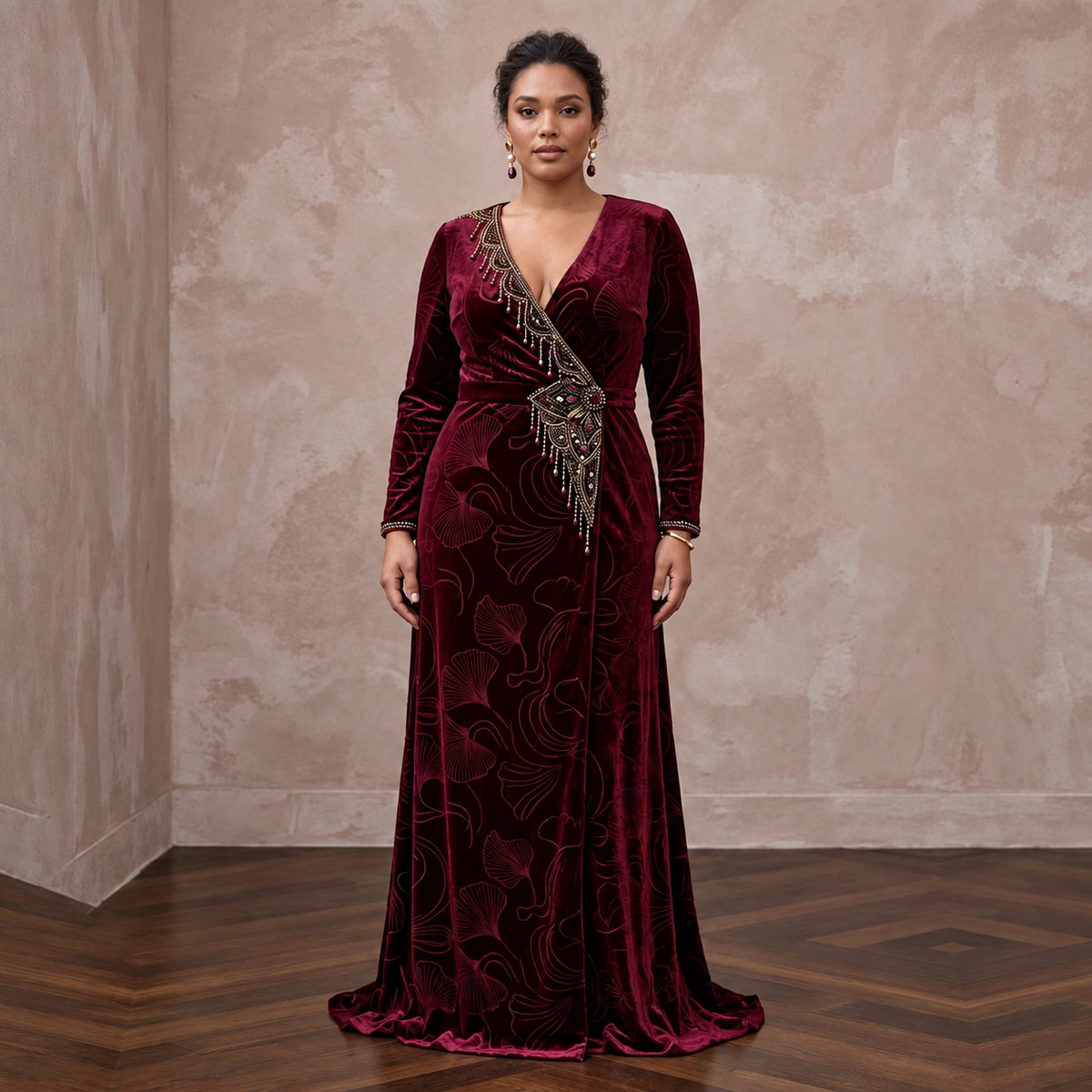 Plus Size Burgundy Velvet Wrap Maxi Dress for Winter Formal Event - Apparel & Accessories > Clothing > Wedding & Bridal Party Dresses > Wedding Dresses - Mignonette Bridal