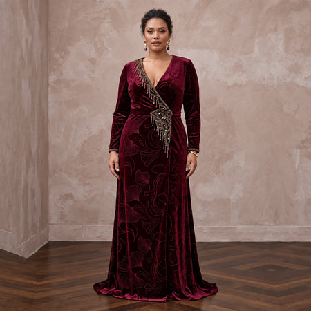 Plus Size Burgundy Velvet Wrap Maxi Dress for Winter Formal Event - Apparel & Accessories > Clothing > Wedding & Bridal Party Dresses > Wedding Dresses - Mignonette Bridal