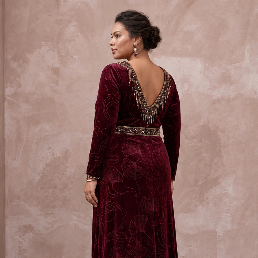 Plus Size Burgundy Velvet Wrap Maxi Dress for Winter Formal Event - Apparel & Accessories > Clothing > Wedding & Bridal Party Dresses > Wedding Dresses - Mignonette Bridal