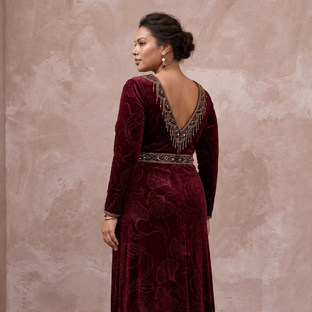 Plus Size Burgundy Velvet Wrap Maxi Dress for Winter Formal Event - Apparel & Accessories > Clothing > Wedding & Bridal Party Dresses > Wedding Dresses - Mignonette Bridal