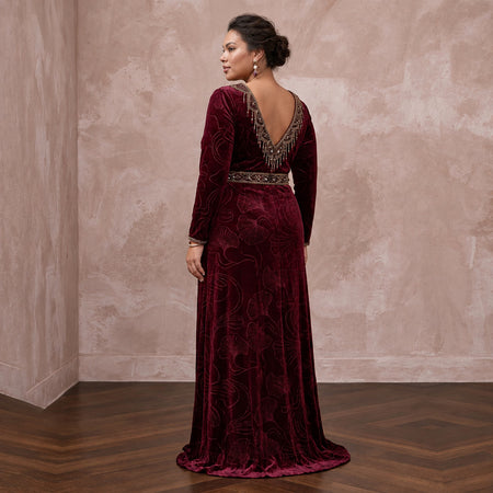 Plus Size Burgundy Velvet Wrap Maxi Dress for Winter Formal Event - Apparel & Accessories > Clothing > Wedding & Bridal Party Dresses > Wedding Dresses - Mignonette Bridal