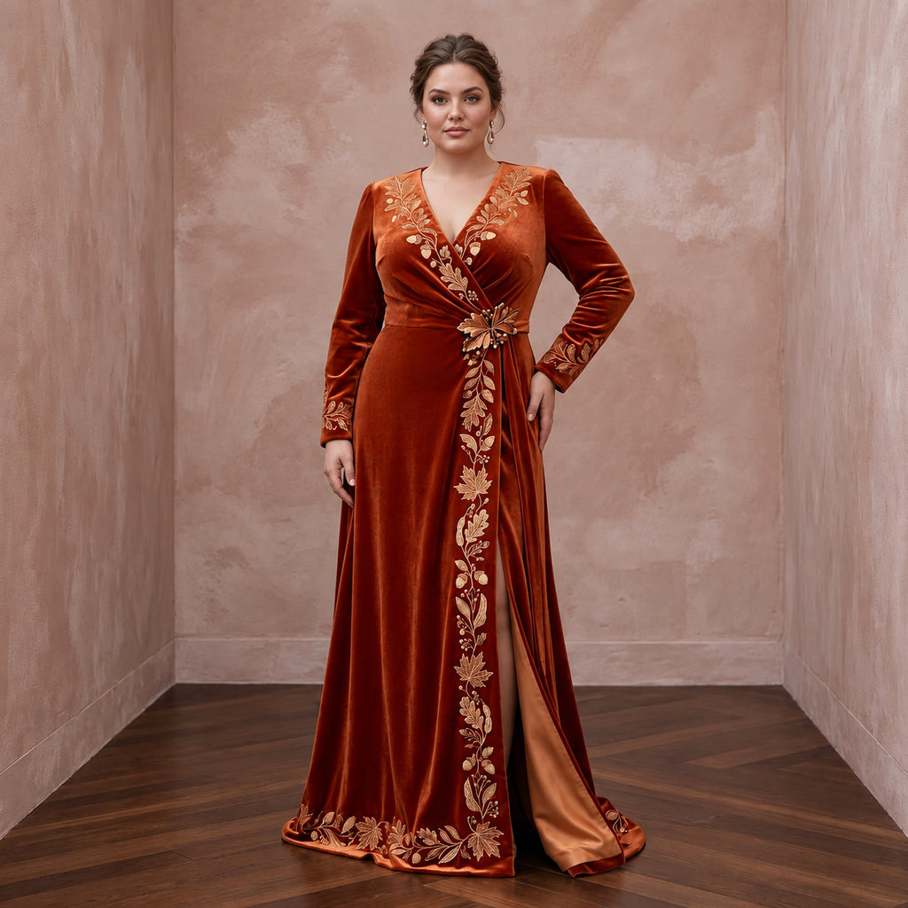 Plus Size Burnt Orange Velvet Wrap Maxi Dress for Autumn Banquet - Apparel & Accessories > Clothing > Wedding & Bridal Party Dresses > Wedding Dresses - Mignonette Bridal