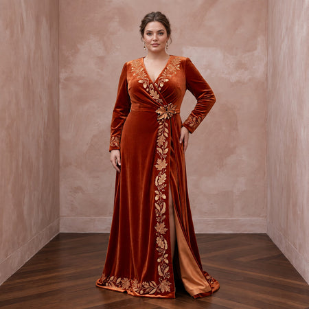 Plus Size Burnt Orange Velvet Wrap Maxi Dress for Autumn Banquet - Apparel & Accessories > Clothing > Wedding & Bridal Party Dresses > Wedding Dresses - Mignonette Bridal
