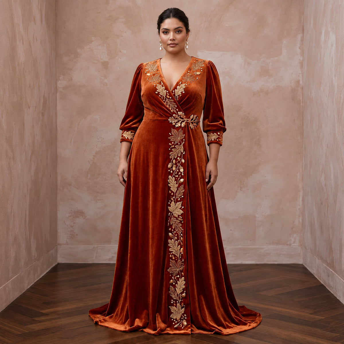 Plus Size Burnt Orange Velvet Wrap Maxi Dress for Autumn Banquet - Apparel & Accessories > Clothing > Wedding & Bridal Party Dresses > Wedding Dresses - Mignonette Bridal Main image