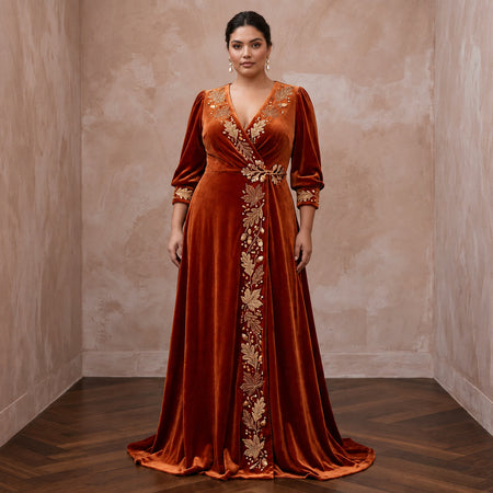 Plus Size Burnt Orange Velvet Wrap Maxi Dress for Autumn Banquet
