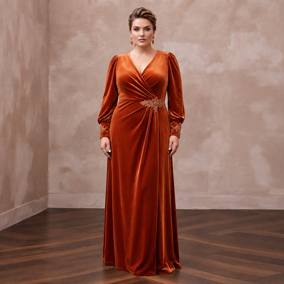 Plus Size Burnt Orange Velvet Wrap Maxi Dress for Autumn Banquet