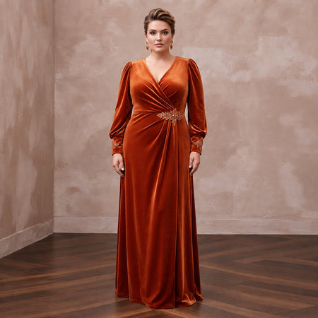 Plus Size Burnt Orange Velvet Wrap Maxi Dress for Autumn Banquet