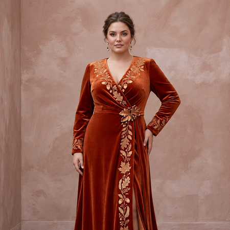 Plus Size Burnt Orange Velvet Wrap Maxi Dress for Autumn Banquet - Apparel & Accessories > Clothing > Wedding & Bridal Party Dresses > Wedding Dresses - Mignonette Bridal