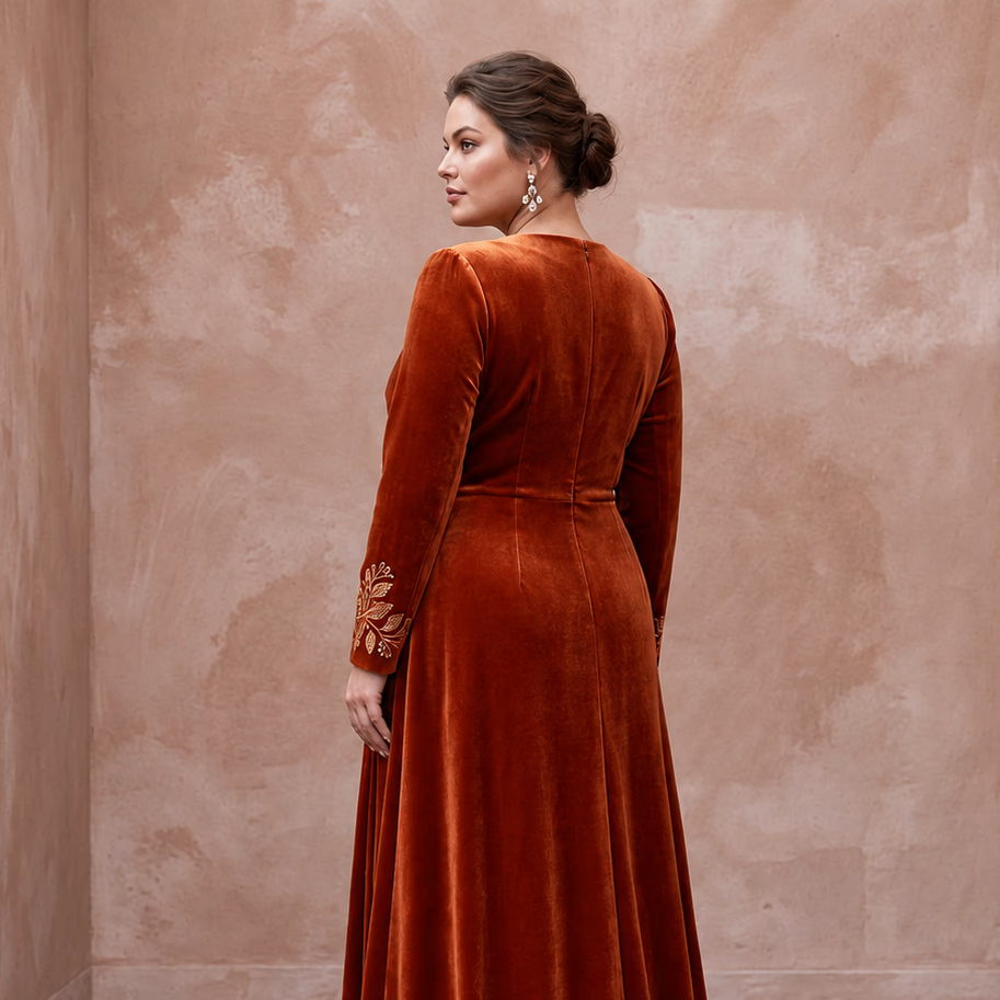 Plus Size Burnt Orange Velvet Wrap Maxi Dress for Autumn Banquet - Apparel & Accessories > Clothing > Wedding & Bridal Party Dresses > Wedding Dresses - Mignonette Bridal
