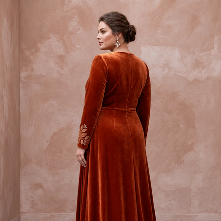 Plus Size Burnt Orange Velvet Wrap Maxi Dress for Autumn Banquet - Apparel & Accessories > Clothing > Wedding & Bridal Party Dresses > Wedding Dresses - Mignonette Bridal