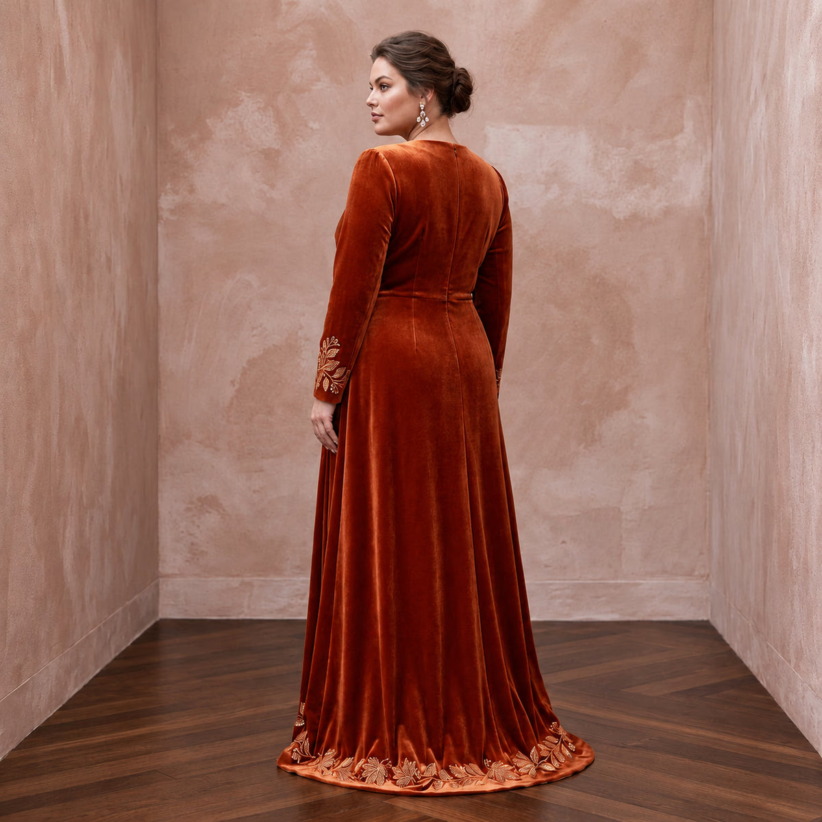 Plus Size Burnt Orange Velvet Wrap Maxi Dress for Autumn Banquet - Apparel & Accessories > Clothing > Wedding & Bridal Party Dresses > Wedding Dresses - Mignonette Bridal