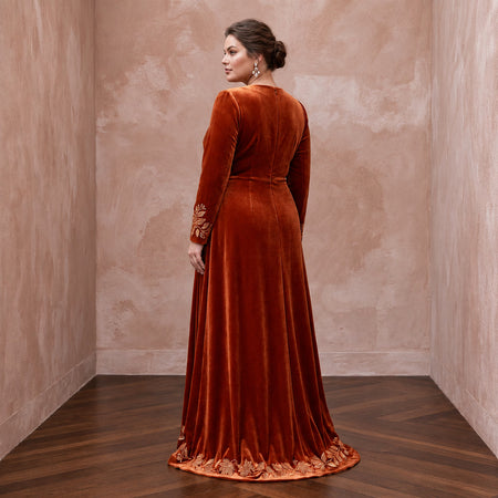 Plus Size Burnt Orange Velvet Wrap Maxi Dress for Autumn Banquet - Apparel & Accessories > Clothing > Wedding & Bridal Party Dresses > Wedding Dresses - Mignonette Bridal