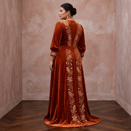 Plus Size Burnt Orange Velvet Wrap Maxi Dress for Autumn Banquet