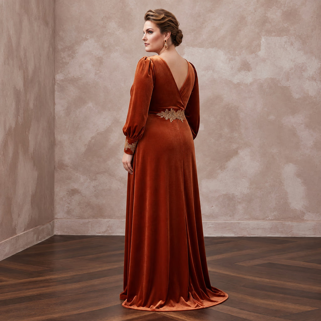 Plus Size Burnt Orange Velvet Wrap Maxi Dress for Autumn Banquet