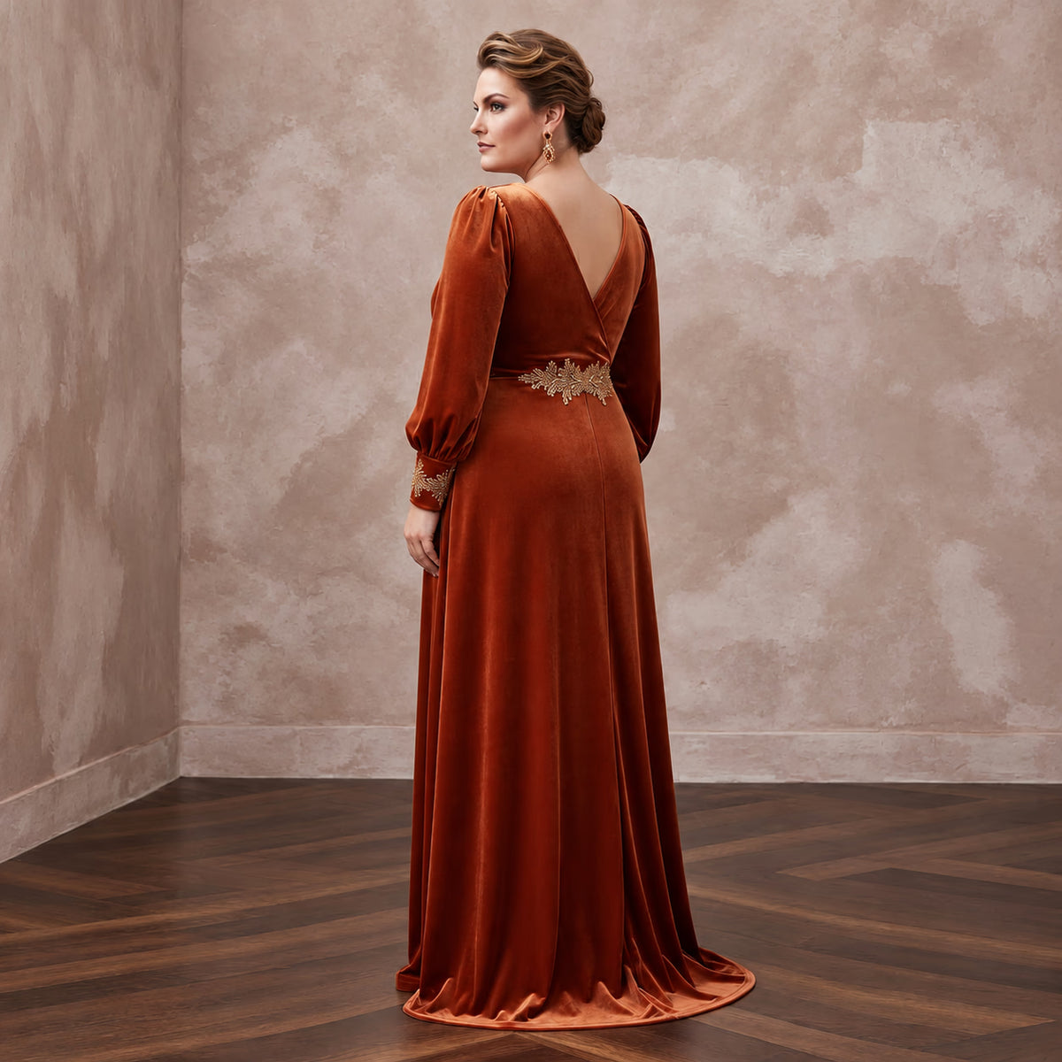 Plus Size Burnt Orange Velvet Wrap Maxi Dress for Autumn Banquet