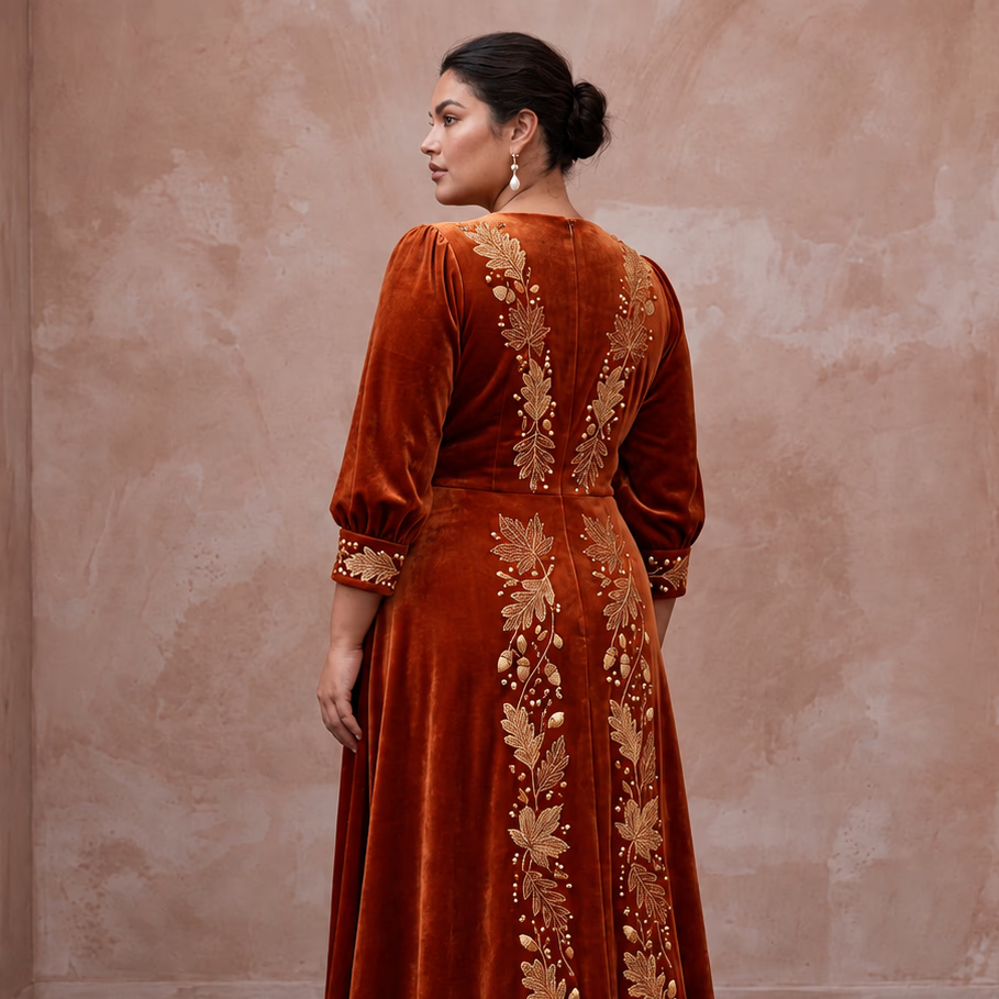 Plus Size Burnt Orange Velvet Wrap Maxi Dress for Autumn Banquet