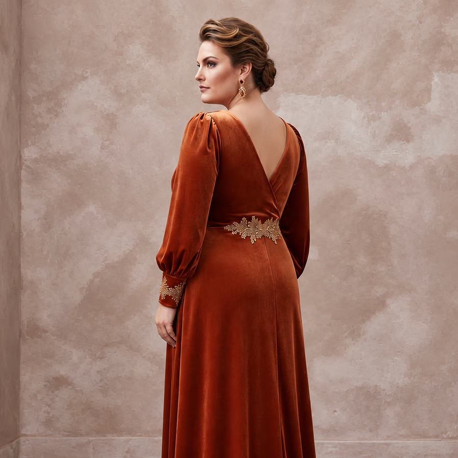 Plus Size Burnt Orange Velvet Wrap Maxi Dress for Autumn Banquet