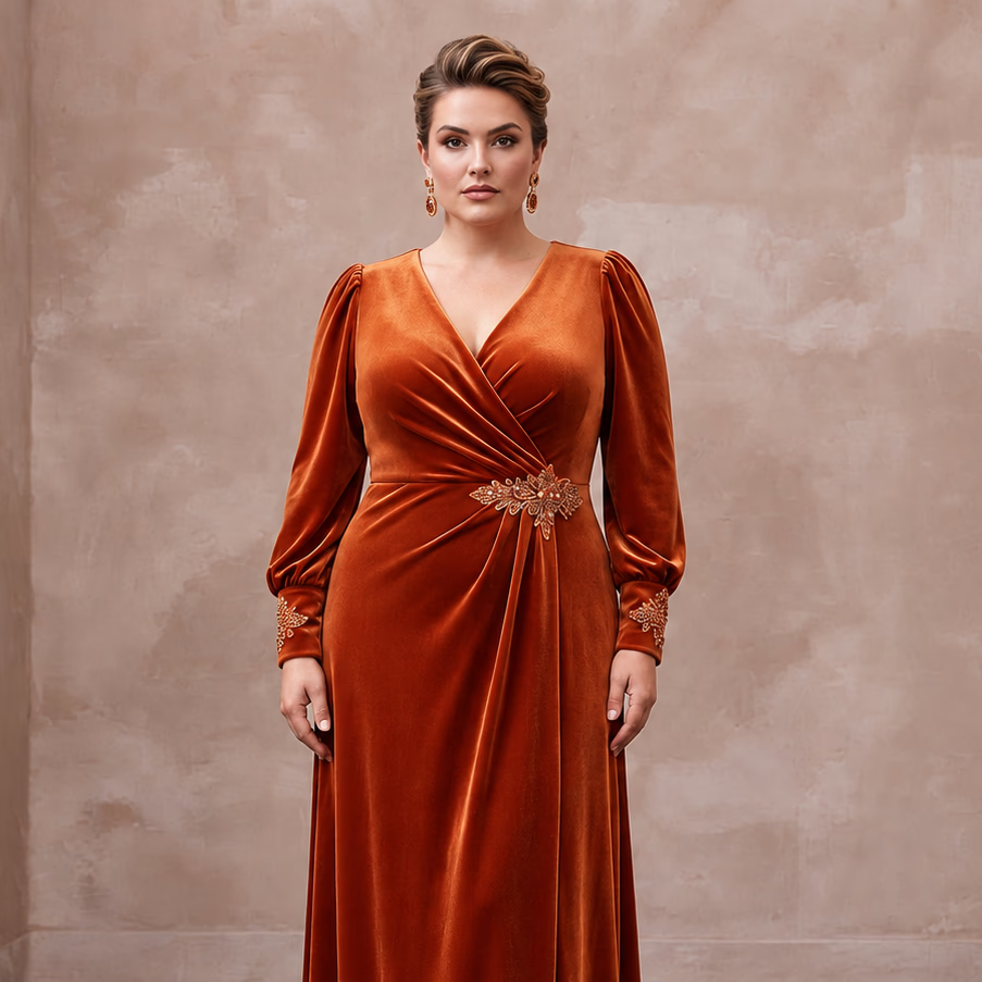 Plus Size Burnt Orange Velvet Wrap Maxi Dress for Autumn Banquet
