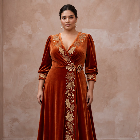 Plus Size Burnt Orange Velvet Wrap Maxi Dress for Autumn Banquet