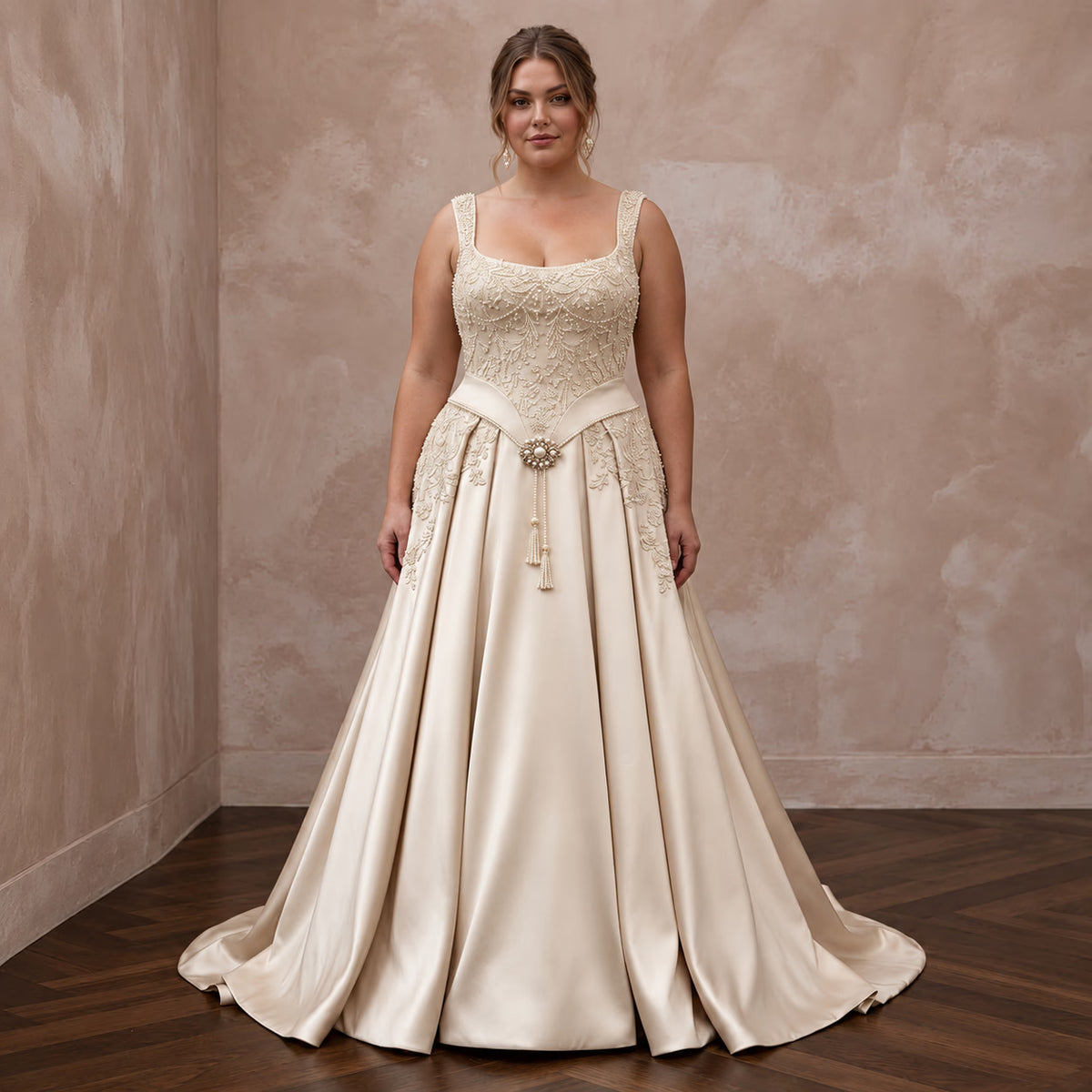 Plus Size Champagne Duchess Satin Basque Waist Grandmillennial Wedding Gown