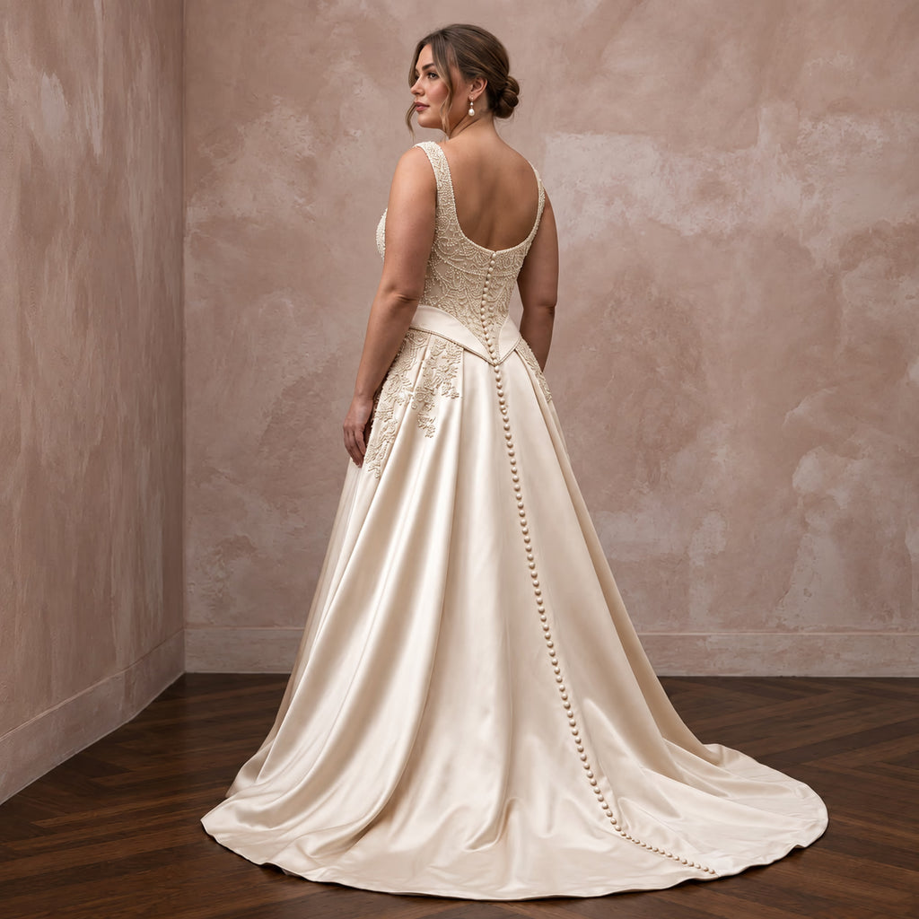Plus Size Champagne Duchess Satin Basque Waist Grandmillennial Wedding Gown