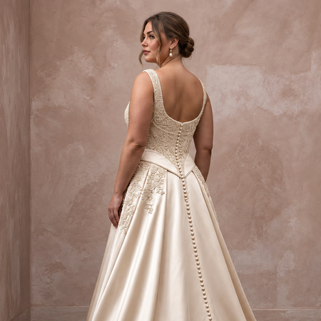 Plus Size Champagne Duchess Satin Basque Waist Grandmillennial Wedding Gown