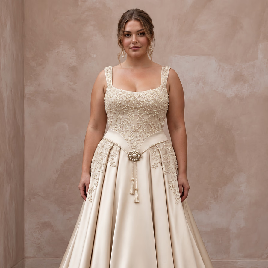 Plus Size Champagne Duchess Satin Basque Waist Grandmillennial Wedding Gown