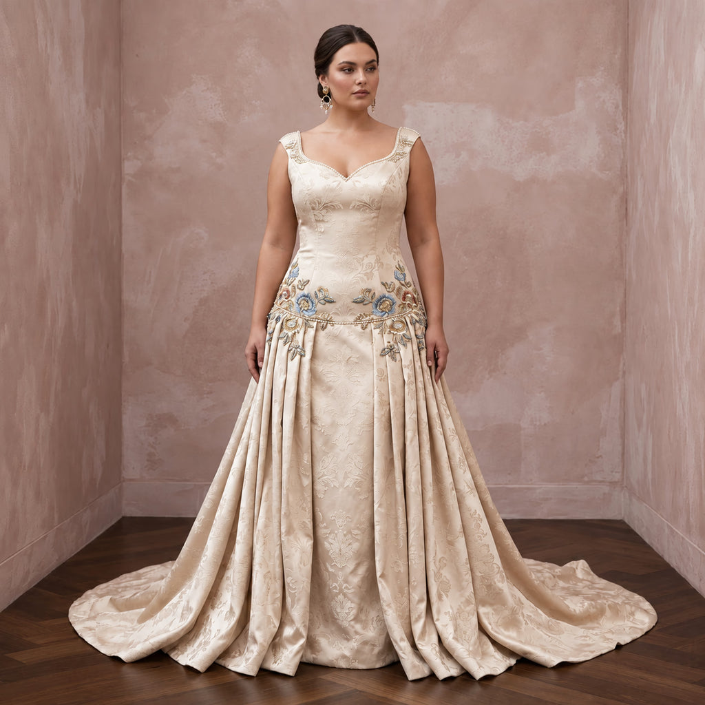Plus Size Champagne Duchess Satin Drop Waist Grandmillennial Gown