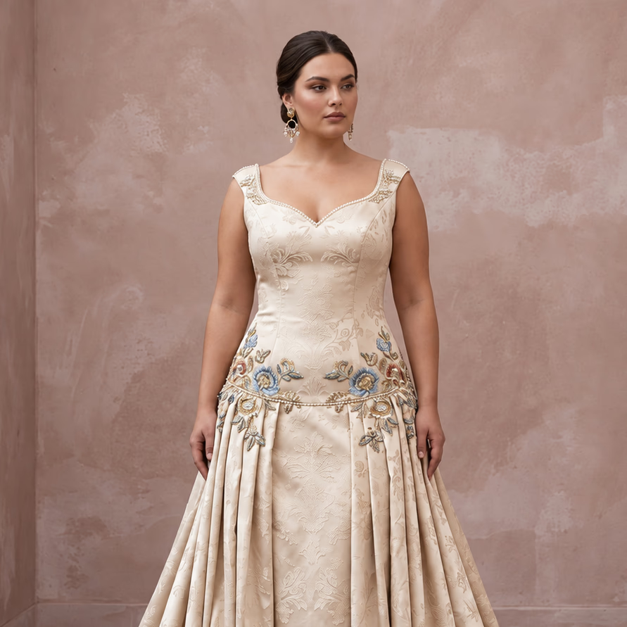Plus Size Champagne Duchess Satin Drop Waist Grandmillennial Gown
