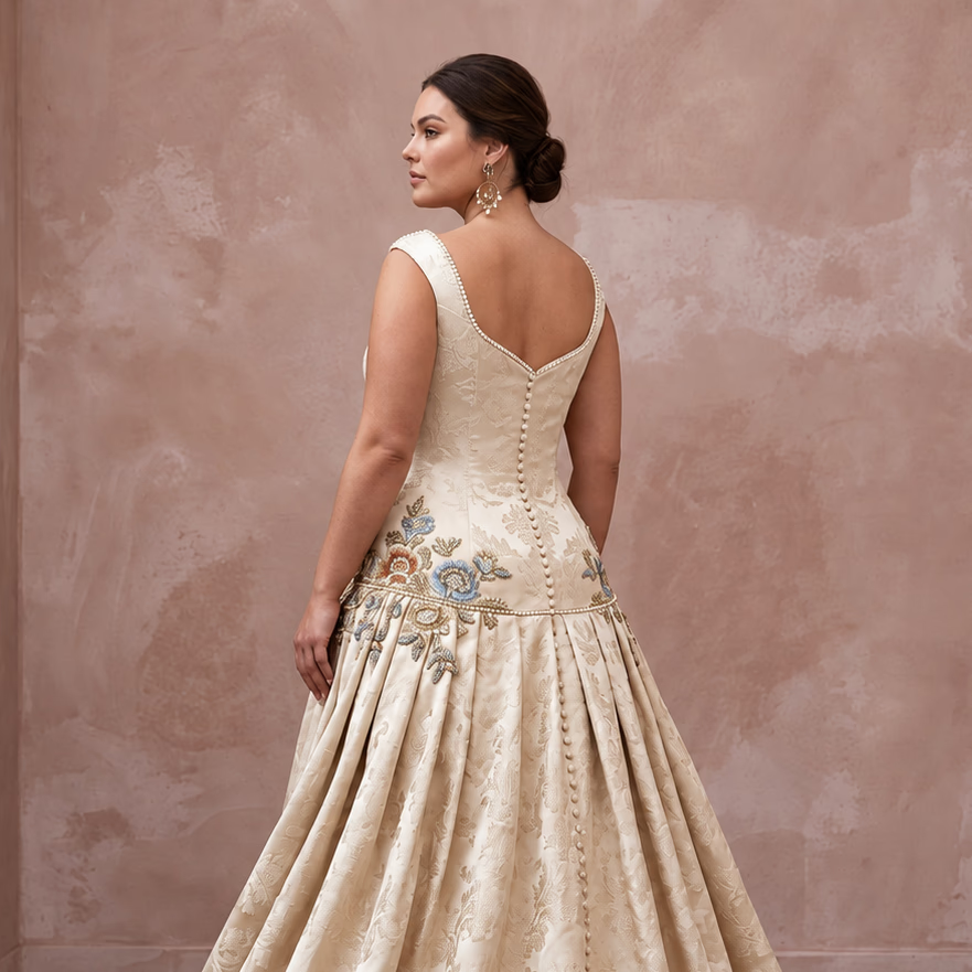 Plus Size Champagne Duchess Satin Drop Waist Grandmillennial Gown