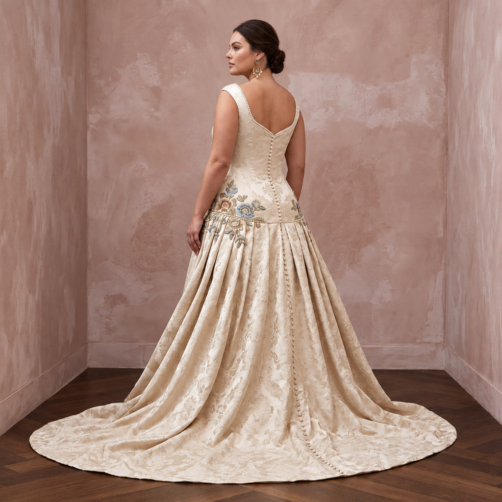 Plus Size Champagne Duchess Satin Drop Waist Grandmillennial Gown