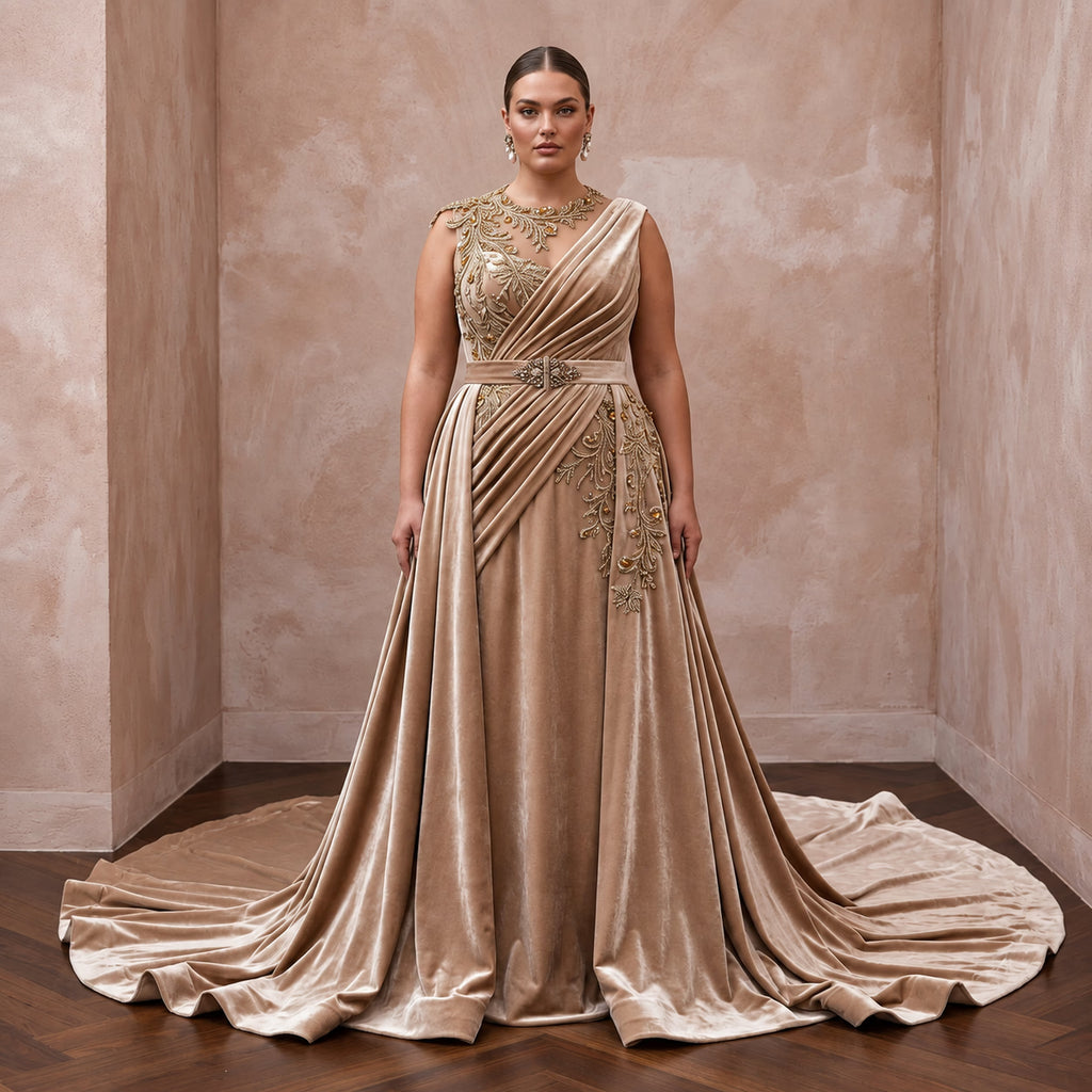 Plus Size Champagne Heavy Velvet Draped Bodice Winter Bridal Gown