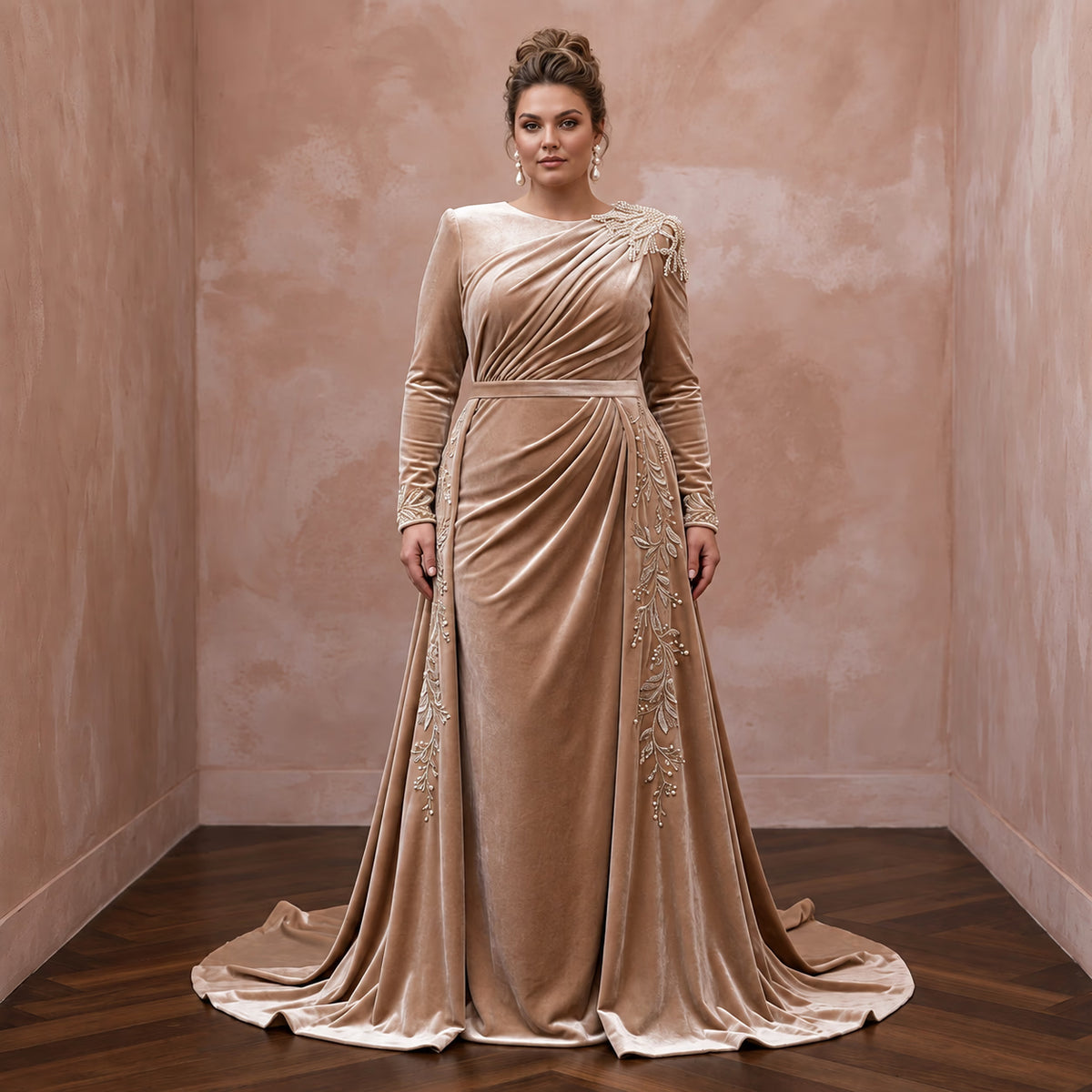 Plus size champagne heavy velvet bridal gown with draped bodice and elegant detailing, perfect for winter weddings.