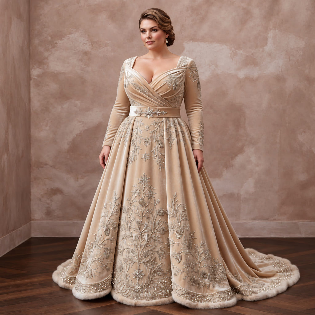 Plus Size Champagne Heavy Velvet Draped Bodice Winter Bridal Gown