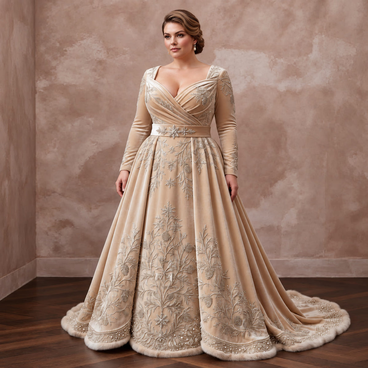 Plus Size Champagne Heavy Velvet Draped Bodice Winter Bridal Gown