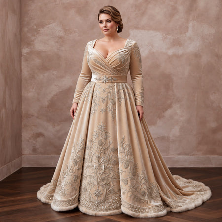 Plus Size Champagne Heavy Velvet Draped Bodice Winter Bridal Gown
