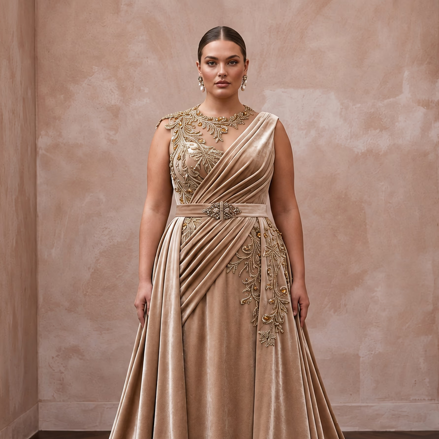Plus Size Champagne Heavy Velvet Draped Bodice Winter Bridal Gown