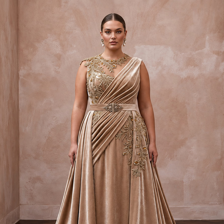 Plus Size Champagne Heavy Velvet Draped Bodice Winter Bridal Gown
