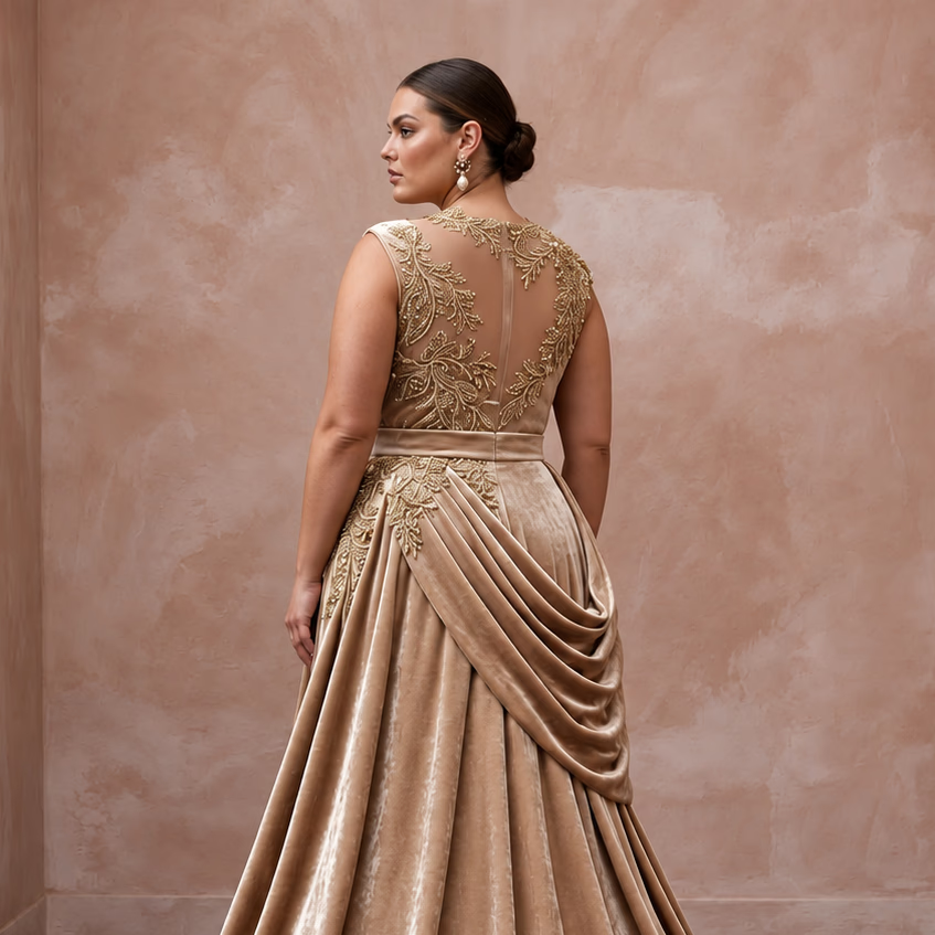 Plus Size Champagne Heavy Velvet Draped Bodice Winter Bridal Gown