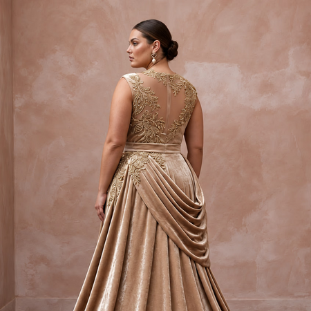 Plus Size Champagne Heavy Velvet Draped Bodice Winter Bridal Gown