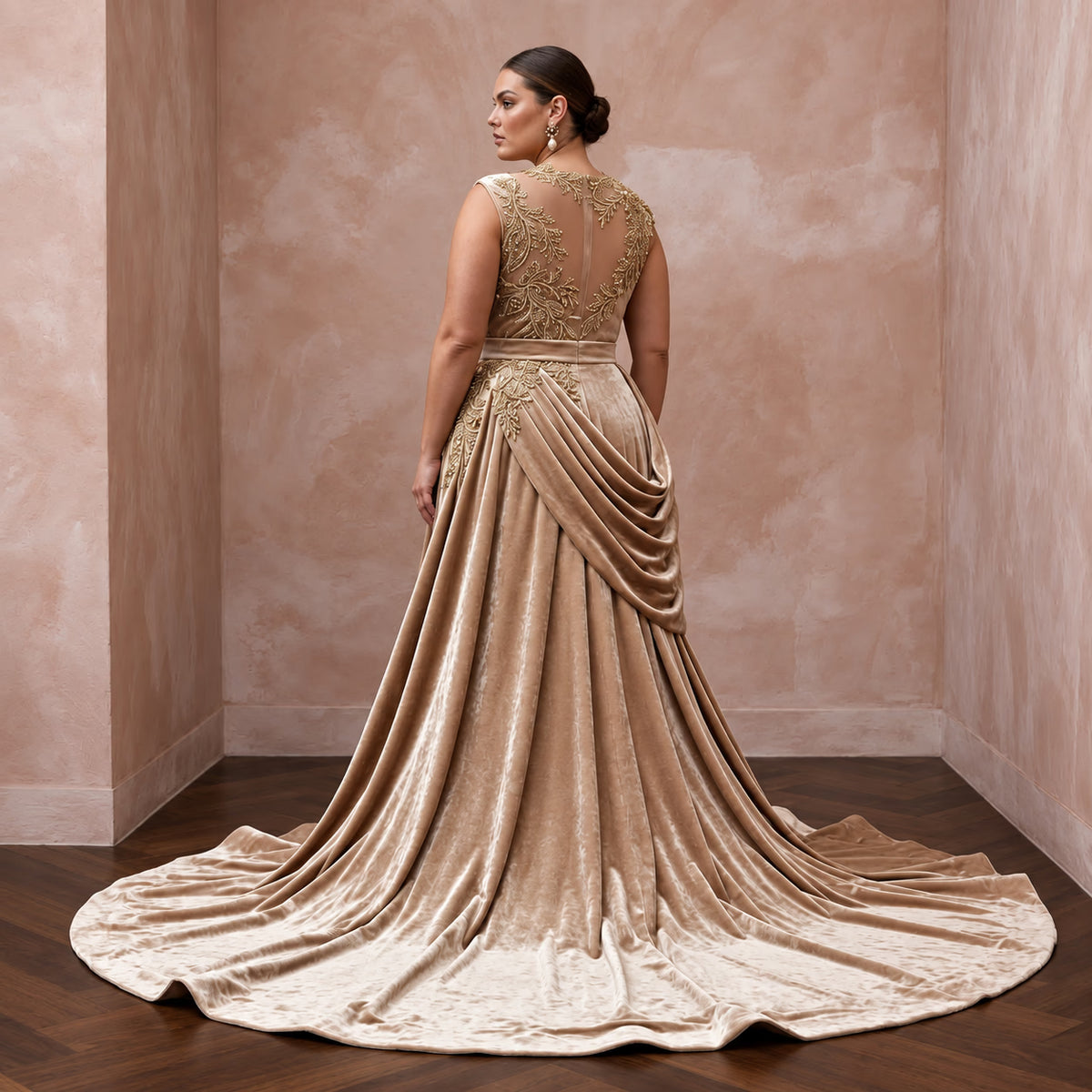 Plus Size Champagne Heavy Velvet Draped Bodice Winter Bridal Gown