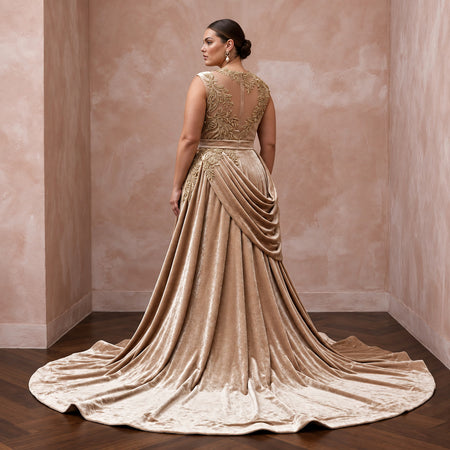 Plus Size Champagne Heavy Velvet Draped Bodice Winter Bridal Gown