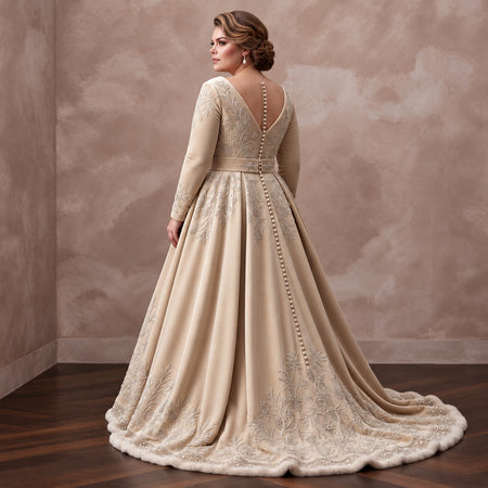 Plus Size Champagne Heavy Velvet Draped Bodice Winter Bridal Gown