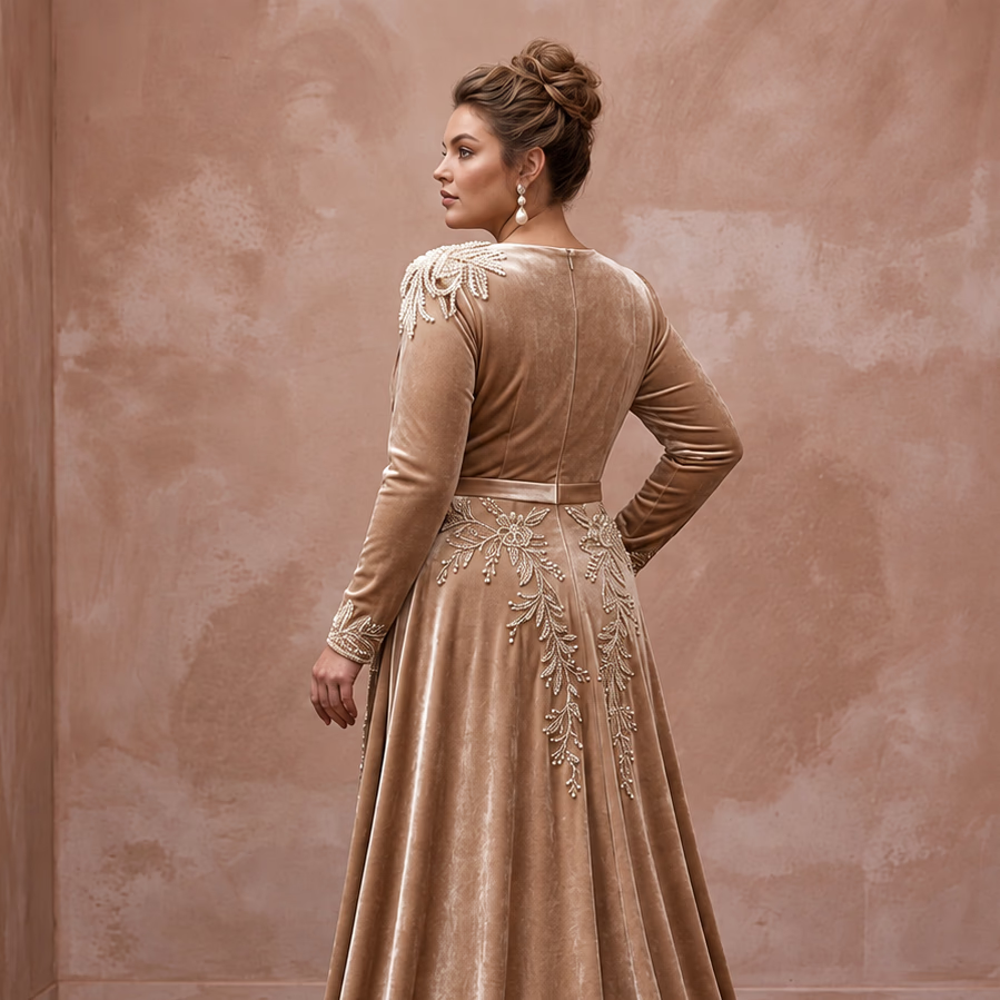 Plus size champagne heavy velvet gown with draped bodice and intricate pearl embellishments, perfect for winter bridal wear.