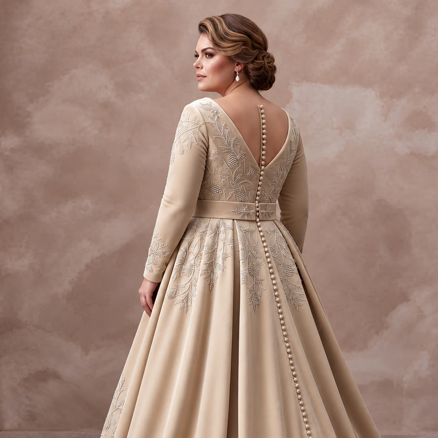Plus Size Champagne Heavy Velvet Draped Bodice Winter Bridal Gown