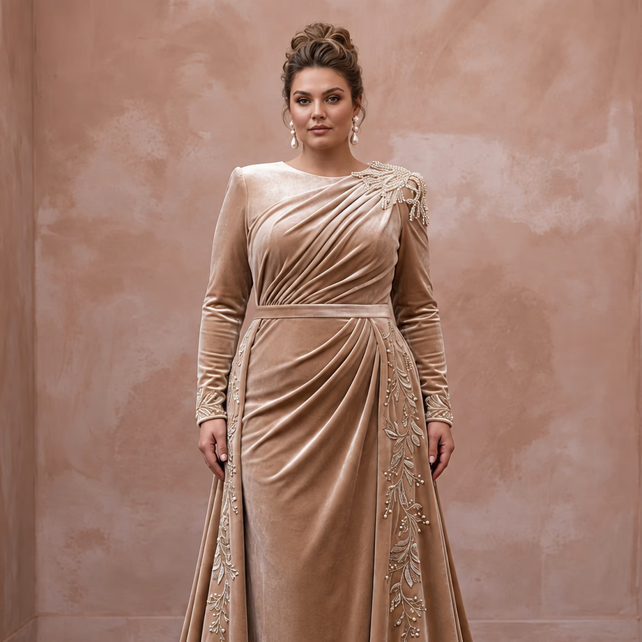 Plus Size Champagne Heavy Velvet Draped Bodice Winter Bridal Gown with elegant beaded detailing and long sleeves.
