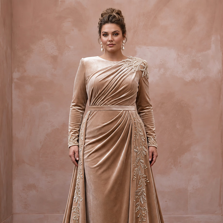 Plus Size Champagne Heavy Velvet Draped Bodice Winter Bridal Gown with elegant beaded detailing and long sleeves.