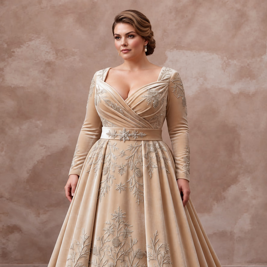 Plus Size Champagne Heavy Velvet Draped Bodice Winter Bridal Gown