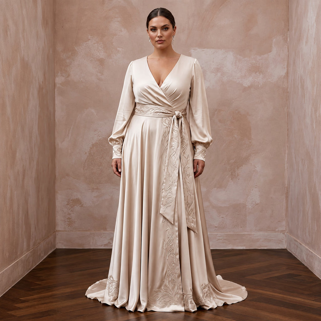 Plus Size Champagne Liquid Satin Long Sleeve Wrap Wedding Dress